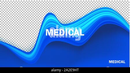 Blue realistic liquid texture background. Wavy fluid paint flow isolated on transparent backdrop. Medical, healthcare institution banner, poster design with text space and typography inscription Stock Vector