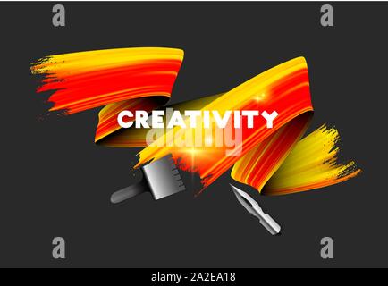 Orange paint brush stroke vector illustration. Vibrant gouache sparkling stripe isolated on black background. Creativity banner concept with typography. Fountain pen nib and putty knife Stock Vector
