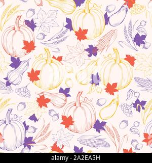 Autumn vegetables harvest vector seamless pattern. Hand drawn pumpkins, acorns, corn, aubergines engravings. Natural veggies and maple leaves decorative texture. Fall season wallpaper design Stock Vector