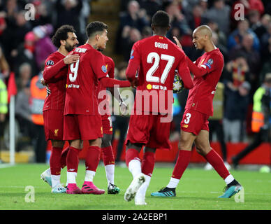 Anfield, Liverpool, Merseyside, UK. 2nd Oct, 2019. UEFA Champions League Football, Liverpool versus Red Bull Salzburg; Mohammed Salah of Liverpool is congratulated by his team mates after scoring Liverpool's fourth goal after 69 minutes - Editorial Use Credit: Action Plus Sports/Alamy Live News Stock Photo