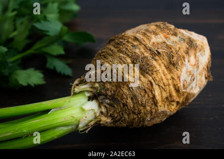 Celery Root with Stems and Leaves: Raw celeriac bulb with stems and leaves on a dark wood background Stock Photo