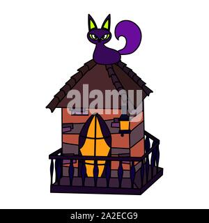 cat in roof haunted castle trick or treat happy halloween vector illustration Stock Vector