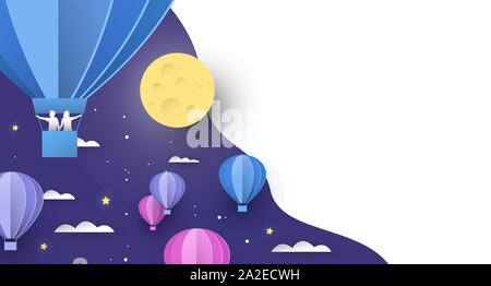 Papercut hot air balloon background on night sky with clouds, people and stars. White copy space backdrop for dream imagination, sleep or exploration Stock Vector