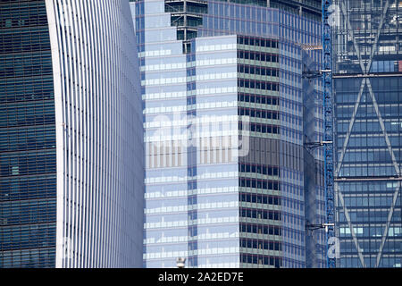 Close-up of three recent additions to the City of London skyline (from left the Walkie-Talkie, 22 Bishopsgate and the Cheesegrater) Stock Photo