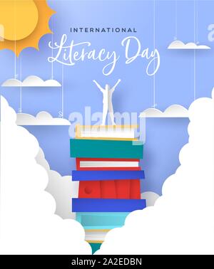 International literacy day greeting card illustration. Happy man on top of book mountain in clouds. Modern papercut style concept for reading knowledg Stock Vector