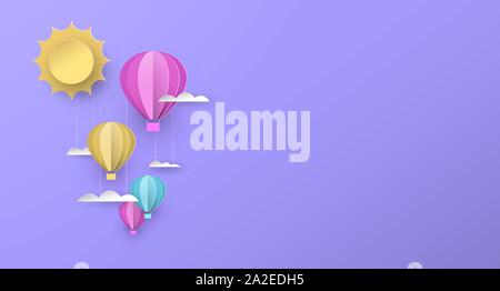 Cute papercut copy space illustration of hot air balloons in pastel color sky with sun and clouds. Children nursery background or imagination concept. Stock Vector