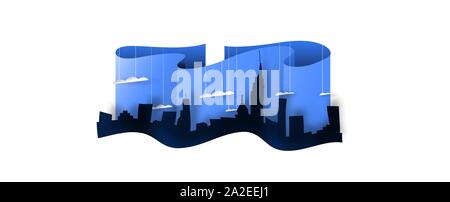 Realistic papercut city landscape with skyscraper towers, blue sky and clouds. 3D paper cutout skyline on isolated white background for architecture c Stock Vector