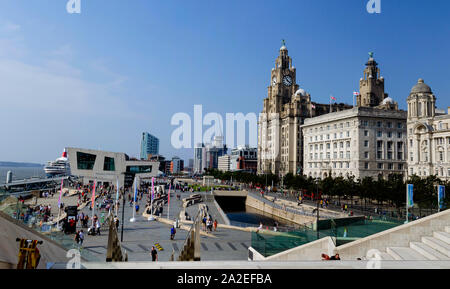 Panorama of iconic Liverpool Waterfront. Photo taken on the stairs of Museum of Liverpool. Stock Photo