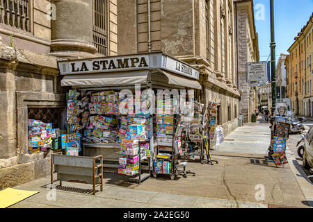 La Stampa News kiosk selling magazines and newspapers along Via Corte d'Appelloin ,Turin ,Italy Stock Photo