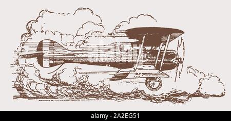 Historic biplane in side view flying at high speed in front of large cumulus clouds. Illustration after a lithography from the early 20th century Stock Vector