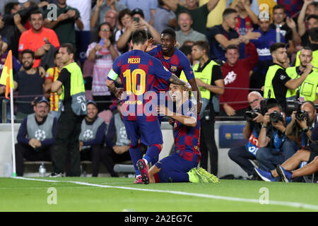 Barcelona, Spain. 2nd Oct, 2019. Luis Suarez of FC Barcelona celebrates with Lionel Messi and Ousmane Dembele after scoring the winning goal during the UEFA Champions League, Group F football match between FC Barcelona and FC Internazionale on October 2, 2019 at Camp Nou stadium in Barcelona, Spain. Credit: Manuel Blondeau/ZUMA Wire/Alamy Live News Stock Photo