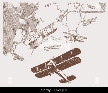 Many historic biplanes flying in front of large cumulus clouds broken by sunbeams. Illustration after a lithography from the early 20th century Stock Vector