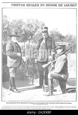 El presidente de la República francesa en un puesto del cazadero de la Casa de Campo, de Campúa, Nuevo Mundo, 02-11-1905. Stock Photo