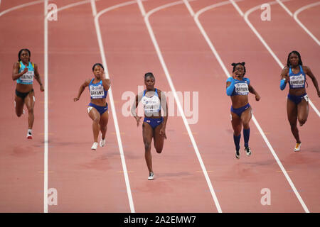 Doha, Qatar. 2nd October, 2019. Doha, Qatar. 2nd Oct, 2019. (L to R) Tynia Gaither (BAH), Dezerea Bryant (USA), Dina Asher-Smith (GBR), Brittany Brown, Anglerne Annelus (USA) Athletics : IAAF World Championships Doha 2019 Women's 200m Final at Khalifa International Stadium in Doha, Qatar . Credit: YUTAKA/AFLO SPORT/Alamy Live News Stock Photo