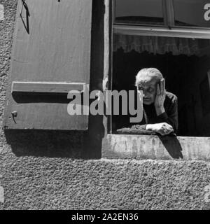 Eine alte Frau schaut aus ihrem Fenster heraus in Regensburg, Deutschland 1930er Jahre. An old woman watching out of her window at Regensburg, Germany 1930s. Stock Photo