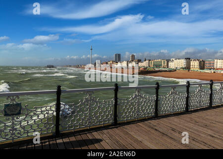 Views of the beach and seafront from Brighton Palace Pier, commonly known as Brighton Pier or the Palace Pier in Brighton, Sussex, England. Stock Photo