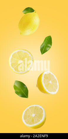 Fresh falling yellow lemons isolated on red background Stock Photo