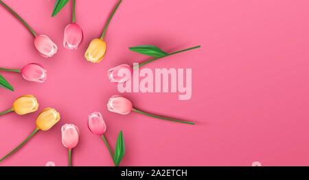 Realistic 3d tulip flowers arrangement in circle shape with empty copy space pink background. Spring season concept for romantic or feminine design. Stock Vector