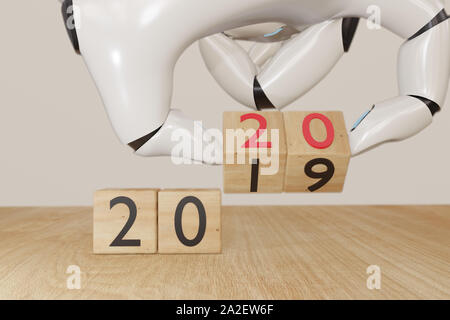 2020, 3d rendering ai artificial intelligent robot hand flip the wooden cube with change the year from 2019  to happy new year coming 2020 concept, ar Stock Photo