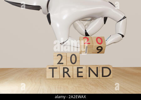 2020, 3d ai rendering artificial intelligent robot hand flip the wooden cube with change the year from trend 2019 to happy new year coming 2020 concep Stock Photo
