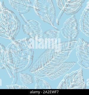 Vector autumn hand drawing seamless pattern with different leaves in grey and white colors outline on the blue background. Fall line art of foliage in Stock Vector