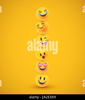 Funny emoticon faces of online reaction icons on yellow background. 3D social smiley face tower includes happy, cute and fun emotion. Stock Vector