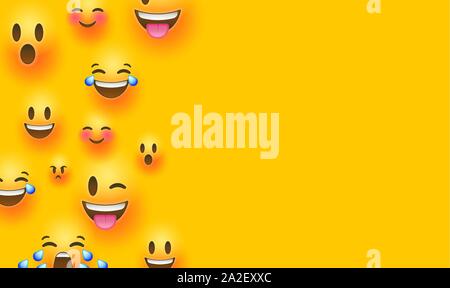 Fun yellow emoticon face background with copy space. Social smiley faces in realistic 3d style includes happy, sad, angry and funny emotion. Stock Vector