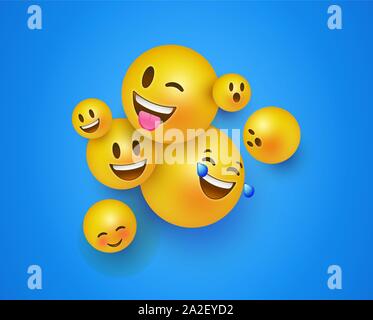 Fun yellow emoticon faces background of online reaction icons. 3D social smiley face includes happy, cute and funny emotion. Stock Vector