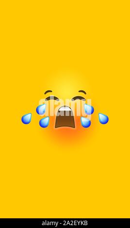 Sad crying 3d smiley face on isolated yellow color background. Modern social chat reaction in vertical mobile phone size, children or teen cry express Stock Vector