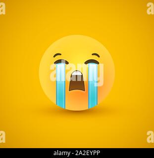 Sad 3d emoticon face on yellow color background. Modern sadness reaction for children or teen expression concept. Realistic chat symbol crying tears. Stock Vector