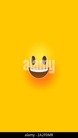 Happy 3d smiley face smiling on isolated yellow color background. Modern social chat reaction in vertical mobile phone size, funny children or teen ex Stock Vector
