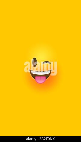 Tongue out wink 3d smiley face on isolated yellow color background. Modern social chat reaction in vertical mobile phone size, funny children or teen Stock Vector