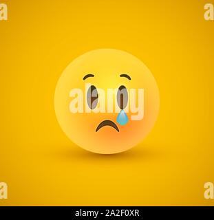 Sad 3d emoticon face on yellow color background. Modern sadness reaction for children or teen expression concept. Realistic chat symbol crying tears. Stock Vector