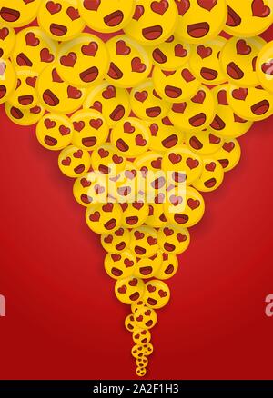 Love yellow emoticon icon splash on red background. Romantic smiley faces cartoon with heart eyes. Stock Vector