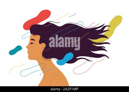 Beautiful young woman with long hair style and eyes closed for beauty, spa, wellness, cosmetics, natural products and body care concept. Flat cartoon Stock Vector