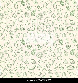 Natural food seamless pattern of green outline vegetable and fruit icons. Organic foods concept background illustration with hand drawn cooking ingred Stock Vector