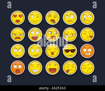 Fun yellow smiley face sticker set on isolated background. Diverse social reaction collection for modern teen or children communication concept. Stock Vector