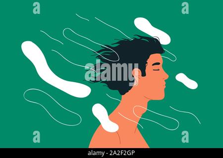 Peaceful young man with eyes closed and abstract shapes for mind contemplation, dream or deep meditation concept. Flat cartoon character on isolated b Stock Vector