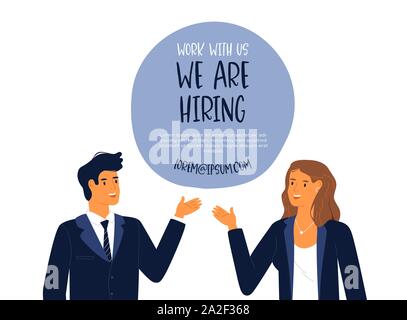 Happy business man and woman looking for vacant job position, we are hiring template illustration. Corporate worker vacancy concept or online employee Stock Vector