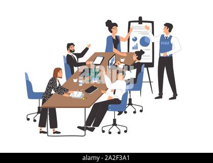 Modern office workplace scene with diverse business men and women in brainstorming meeting. Flat cartoon characters working, corporate staff team conc Stock Vector
