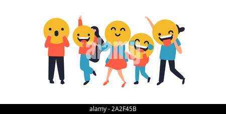 People with funny emoticon face icons on isolated background. Social expression concept includes laugh, smile, tongue wink. Stock Vector