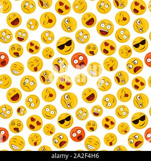 Funny yellow smiley face seamless pattern, social chat emoticon background with fun reactions include heart eyes, laugh and happy emotion. Stock Vector