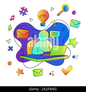 Freelance worker with laptop computer and colorful gradient icons for online communication concept or social network connection. Stock Vector