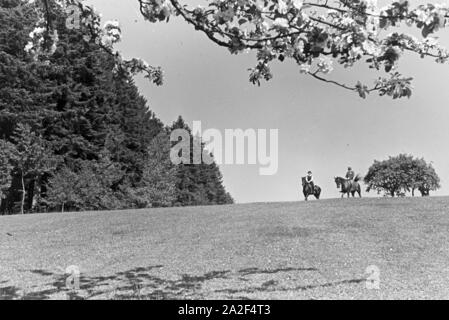 Reiter bei einem Reitausflug im Wald bei Freudenstadt, Deutschland 1930er Jahre. Riders on a horse-riding trip in the woods near Freudenstadt, Germany 1930s. Stock Photo