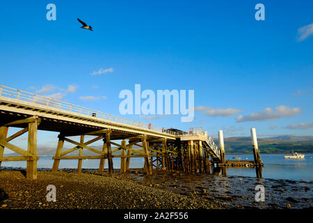 A view under Beaumaris Pier showing the wooden supports substructure at low tide in the evening sunshine Stock Photo