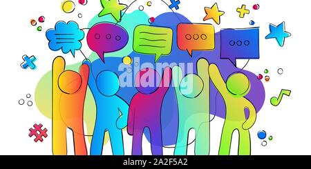Social communication concept of colorful gradient friend group with online network icons and chat bubbles. Stock Vector