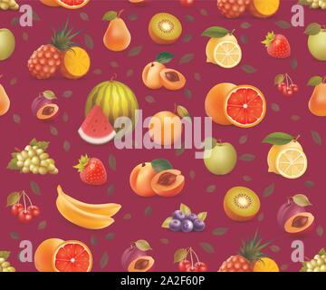 Seamless Pattern with Fruits, Vector wallpaper of colorful eco food. Juicy Fruits on purple background, Looped Texture Background for Textile or Web S Stock Vector