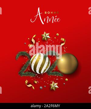 Happy New Year french language greeting card of gold 3d holiday decoration in 2020 number shape. Xmas ornament baubles, pine tree and golden stars on Stock Vector