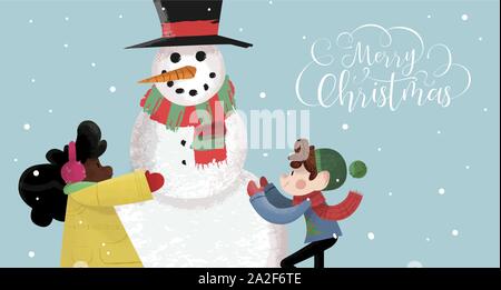 Merry Christmas greeting card illustration of happy children friends building snowman in hand drawn cartoon style. Winter season scene for festive xma Stock Vector