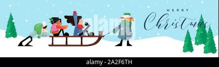 Merry Christmas greeting card banner illustration of cute children on sled in hand drawn cartoon style. Winter season scene for festive xmas event. Stock Vector